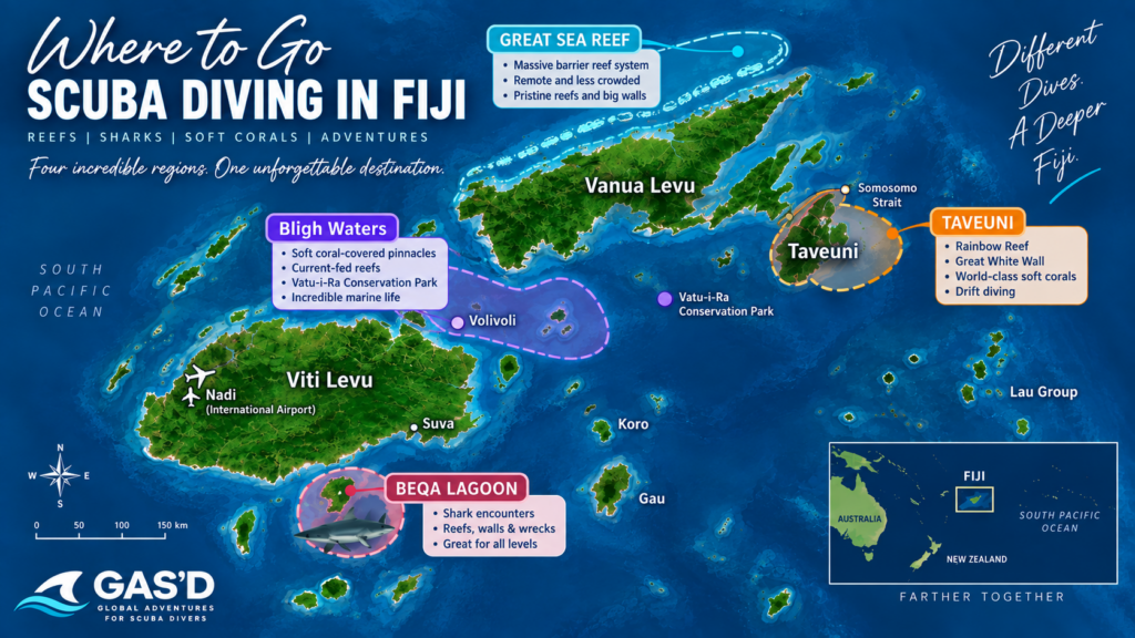 Scuba diving in Fiji map showing Beqa Lagoon, Bligh Waters, Taveuni and the Great Sea Reef