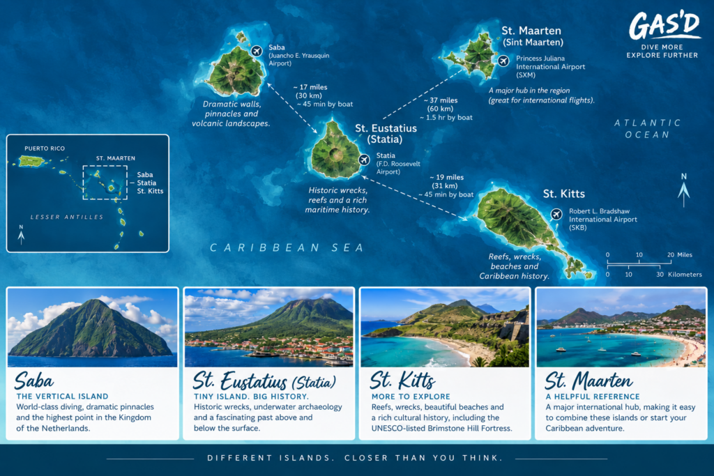 Map showing Saba, Statia and St. Kitts in the northeastern Caribbean