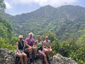 Hiking inside the crater of the Quill volcano on St. Eustatius (Statia)with lush tropical vegetation.
