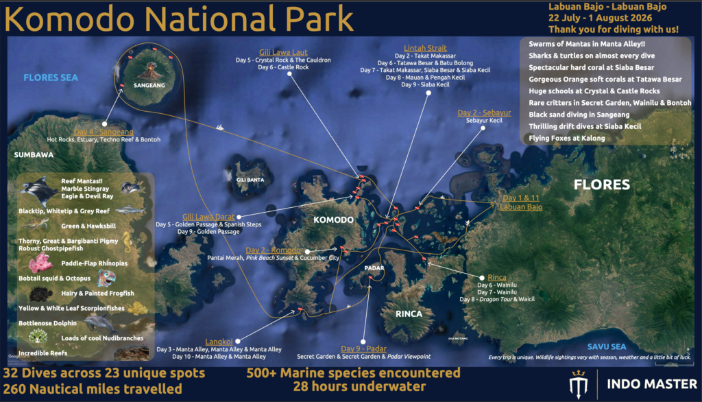 Map showing the GAS Divers 10-day liveaboard route through Komodo National Park